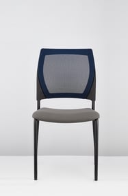 V137 visitor chair with grey seat and blue mesh back, front view