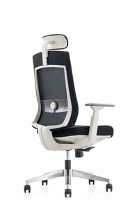 Black mesh chair with white backrest frame and headrest, angled rear view