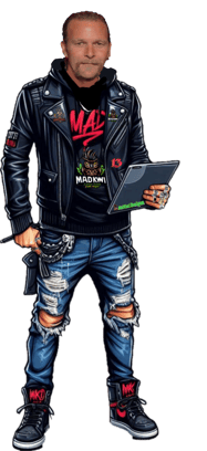 Lance Scott Graphic Designer in a leather jacket and jeans with a laptop