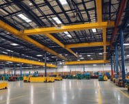 A tall construction crane with a lattice structure, stretching diagonally across the frame. The crane is equipped with several pulleys and cables, showcasing its industrial design.