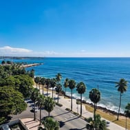Santo Domingo seafront view with palm trees blue ocean and Malecón coastal road Dominican Republic