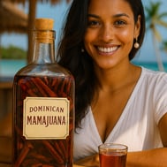 Smiling woman with Dominican Mamajuana bottle and shot glass at tropical beach bar