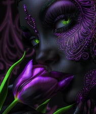 a woman with green eyes and purple makeup and a purple mask