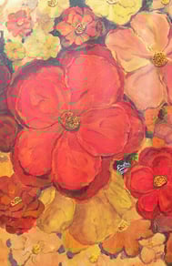 a painting of a flowers with warm colours of yellow orange and red