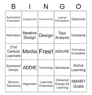 Visual grid displaying key instructional design terms like ADDIE, SMART goals, media literacy, and U