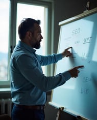 un barbat expert care explică seo pe o tablă