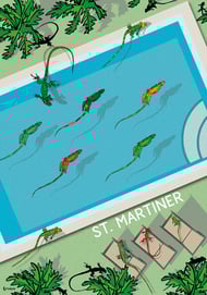 Pool Life by Raymond Bowen - iguanas swimming and sunbathing around pool