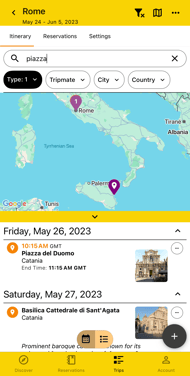 itinerary view with map and search/filter activated