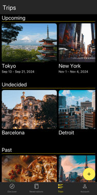 upcoming, undecided, and future trips on dark theme
