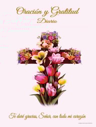 "Diario de oración y gratitud con cruz y flores sobre fondo rosa
