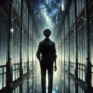 Anime boy walking though a cosmic hallway.