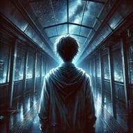 Anime boy standing in a Hallway with glass walls, above him a beautiful cosmic sky.
