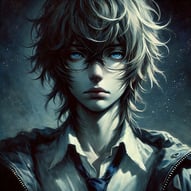 Melancholic anime boy wearing glasses.