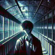 Anime boy, glass hallway, cosmic sky.