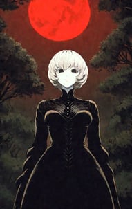 A gorgeous anime woman with pale skin and pitch-black eyes stands beneath a blood-red moon, radiating an eerie, ethereal vibe
