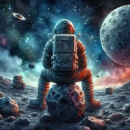 A lone astronaut seated on an asteroid in outer space, quietly contemplating the vast and beautiful cosmos.
