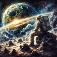 A lone astronaut seated on an asteroid in outer space, gazing at a spectacular explosion erupting on a distant planet.