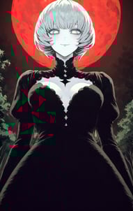 A beautiful anime woman with pale skin and white eyes stands beneath a blood-red moon, creating an eerie, gloomy atmosphere.
