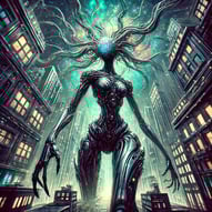 Giant robot lady, cosmic face, beautiful metallic body & wavy mechanical hair — walks in a warped city under glowing nebulae.