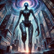 A giant robot woman, a gorgeous metallic body, cosmic face — walking through a futuristic city under a swirling vortex.
