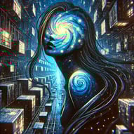 Giant cosmic woman with a spiral galaxy for a face rises in a futuristic block-like city.