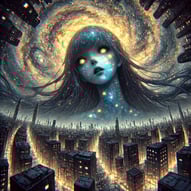 Giant cosmic girl with glowing yellow eyes above a city warping into a vortex beneath a spiral galaxy.