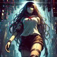 A huge, gorgeous anime cyborg walking through an upside down city.