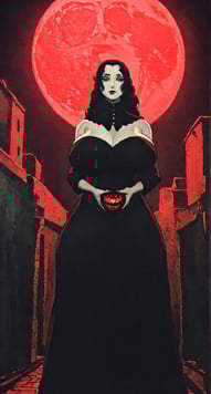 Anime woman, dark fantasy portrait: red moon.