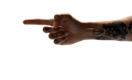 woman's tattooed arm pointing to the submit button