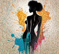 a woman with a black dress and a colorful paint splattered background