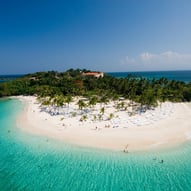 Aerial view of Cayo Levantado with white sand beach and turquoise water in Samaná, Dominican Republic