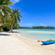 Plage de sable blanc à Moorea avec des palmiers et un kayak