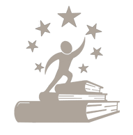 a person reaching for stars while moving up stairs made of books.