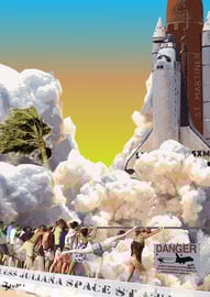 Illustration of a space shuttle launch at Princess Juliana with people holding the fence, speculativ