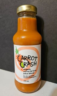 Glass bottle of Carrot Crash juice with full colour label