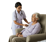 A nurse assists an elderly woman seated in a chair, providing care and support in a healthcare setti