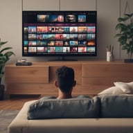 A smartphone displaying a streaming app interface, showing various movie and TV show thumbnails. The screen includes categories like 'For you' and 'New release hit films', with images from popular films. The background is a dimly lit setting with a fabric surface.