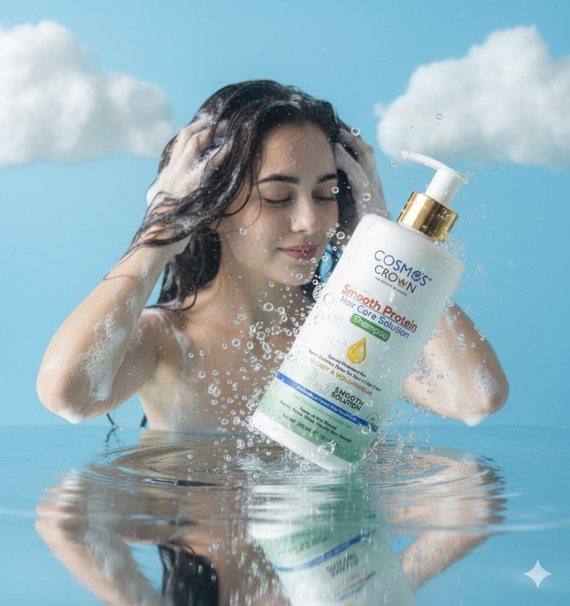 three bottles of lotion sitting on a table next to a potted plant