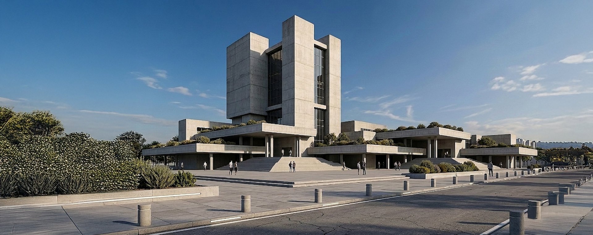 an abstract photo of a curved building with a blue sky in the background