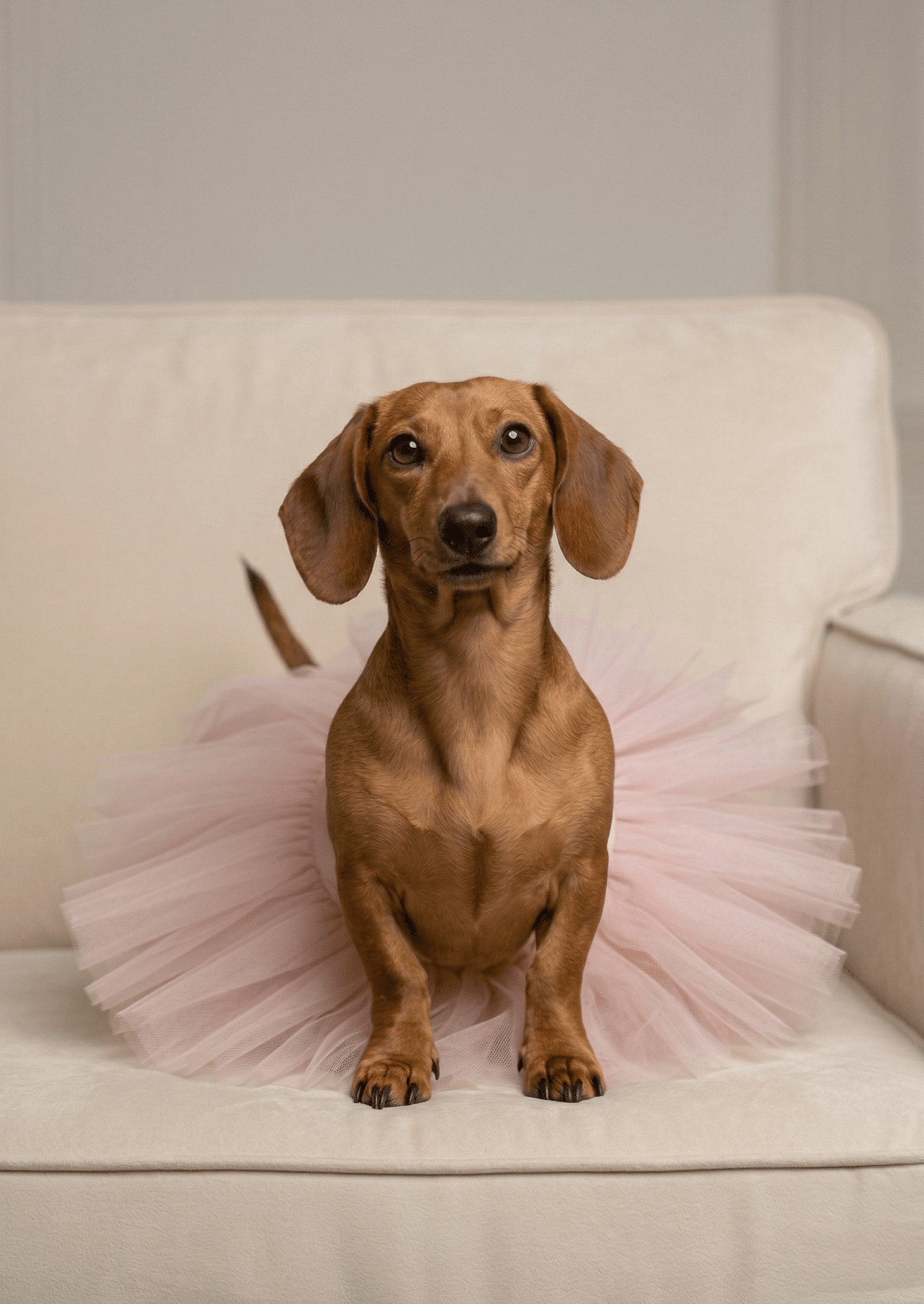 Chimi, perrita salchicha color canela, posando con un tutú rosa en una foto de estudio.