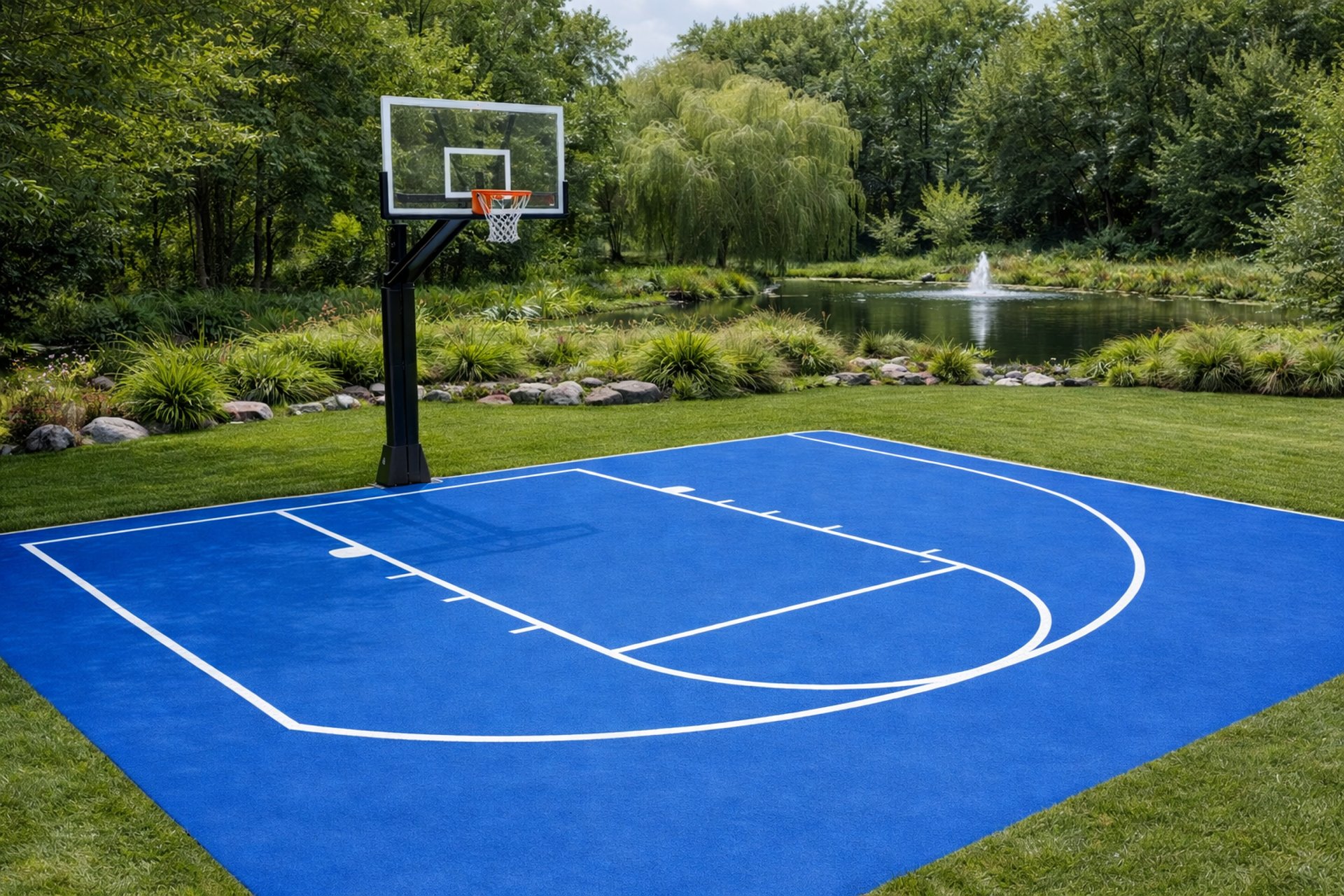 two children playing on a trampoline in a yard