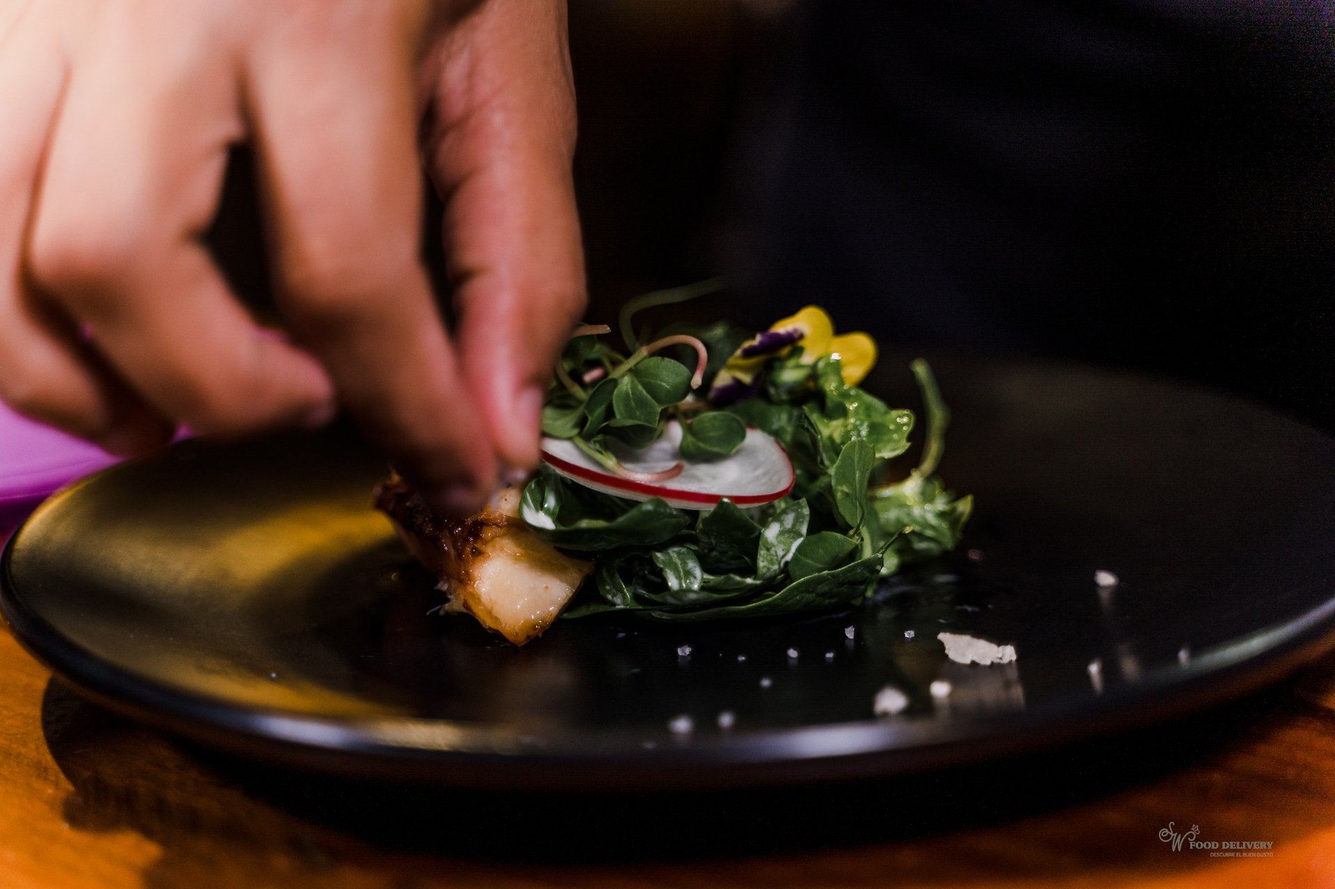 Platillo que consiste en una ensalada de lechugas organicas con flores comestibles y pulpo a la brasa 
