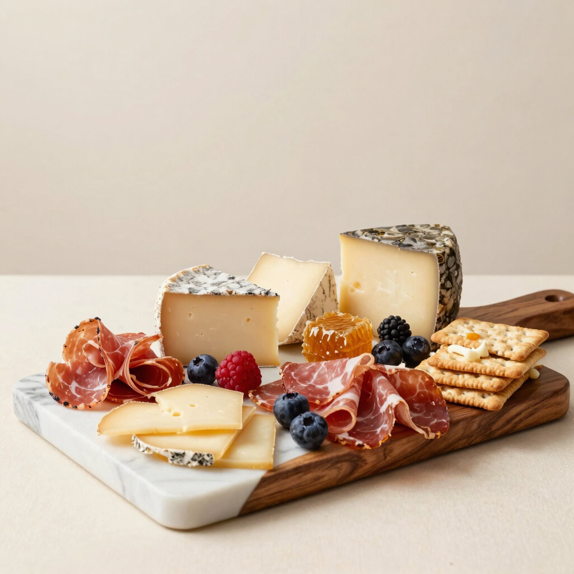 Tabla elegante de mármol con madera, con un contenido de quesos curados, frutos rojos , miel y charcutería fina