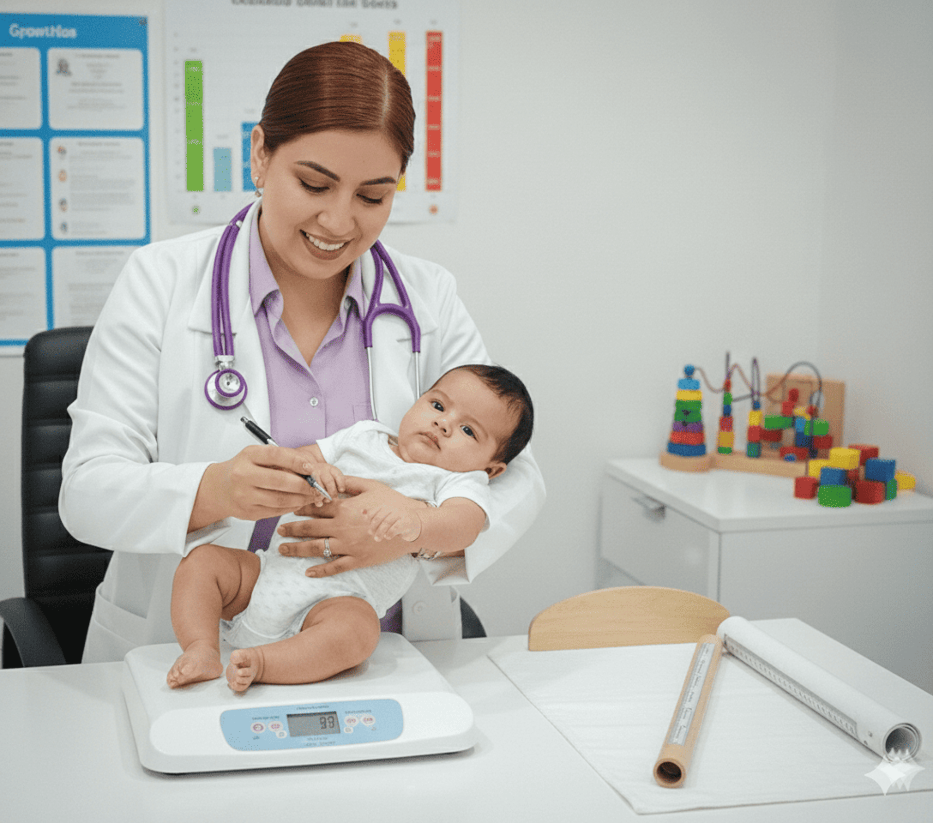 Pediatra mujer con bata blanca utilizando bloques de madera durante una evaluación de un niño