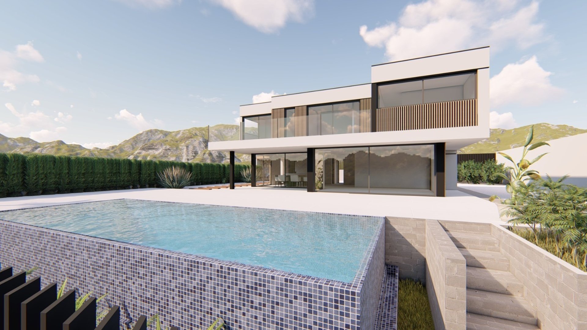 an abstract photo of a curved building with a blue sky in the background
