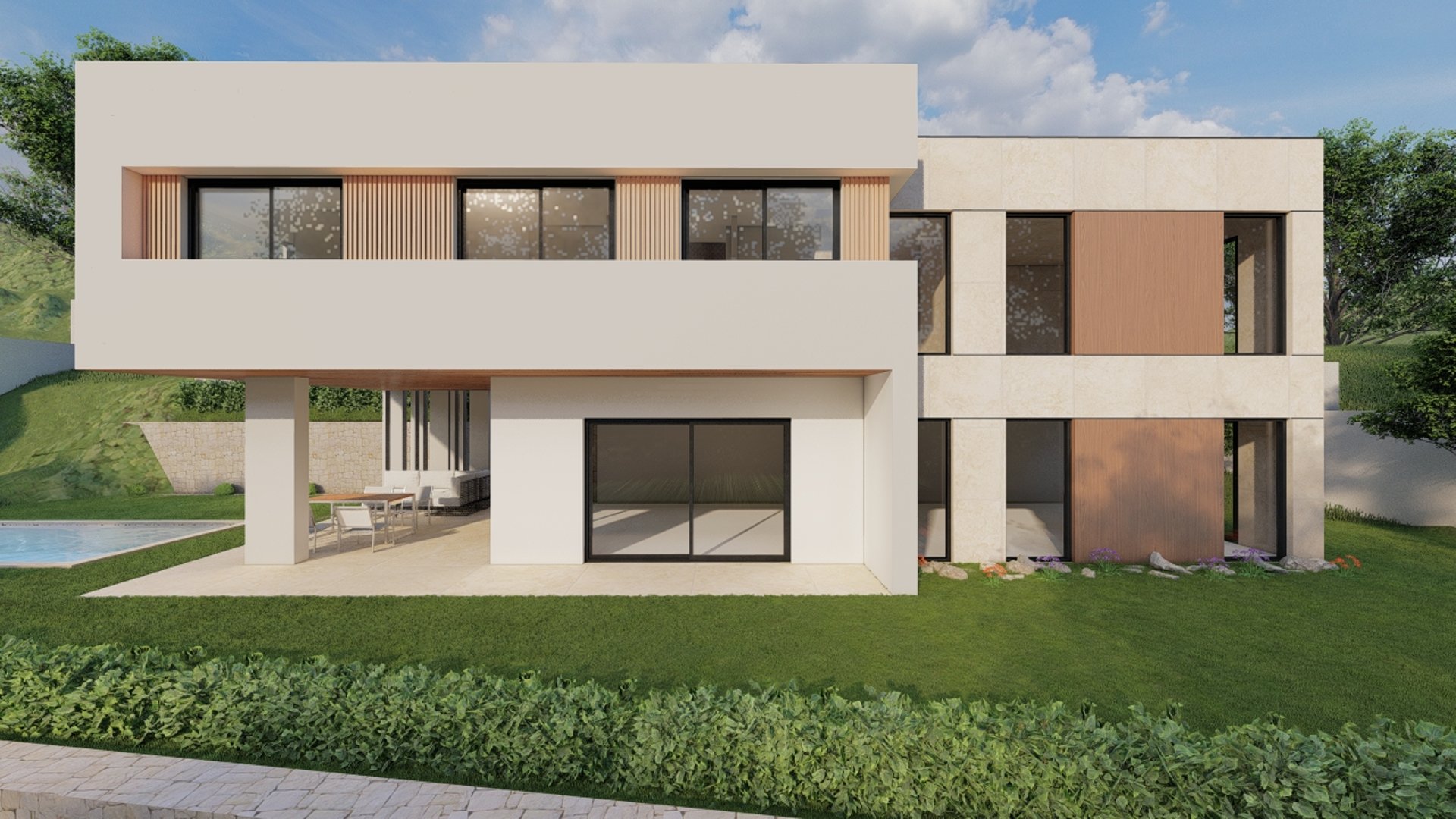 an abstract photo of a curved building with a blue sky in the background