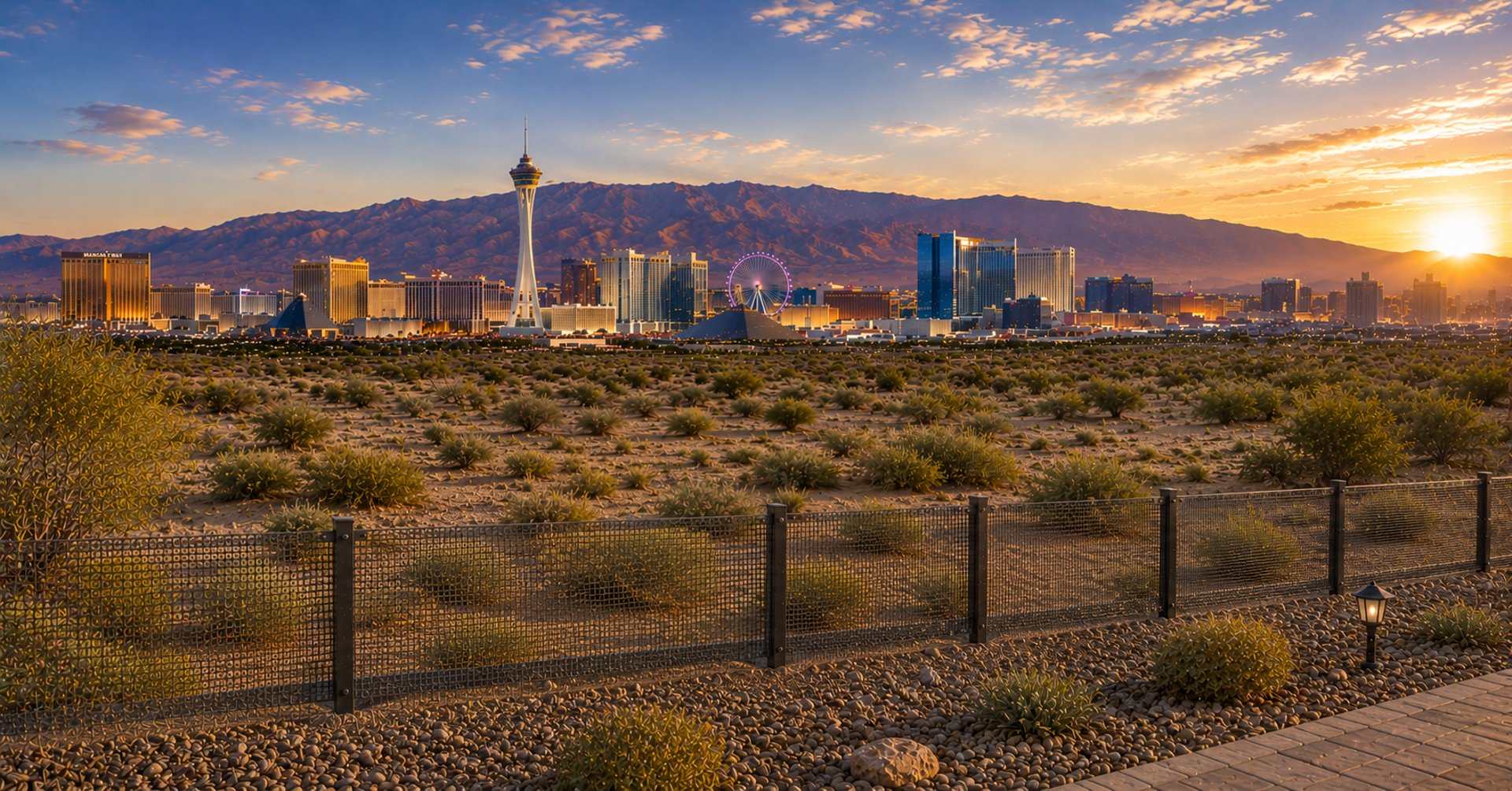 Las Vegas snake fencing installation with skyline and desert mountains.
