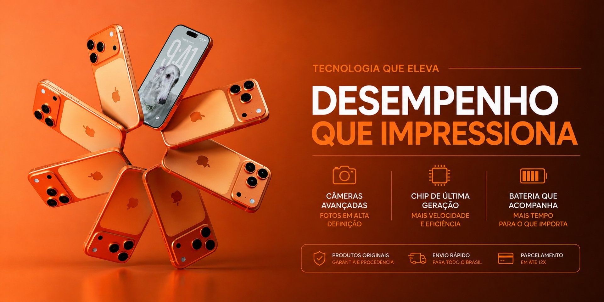 Multiple iphones arranged in a circular pattern on orange background.