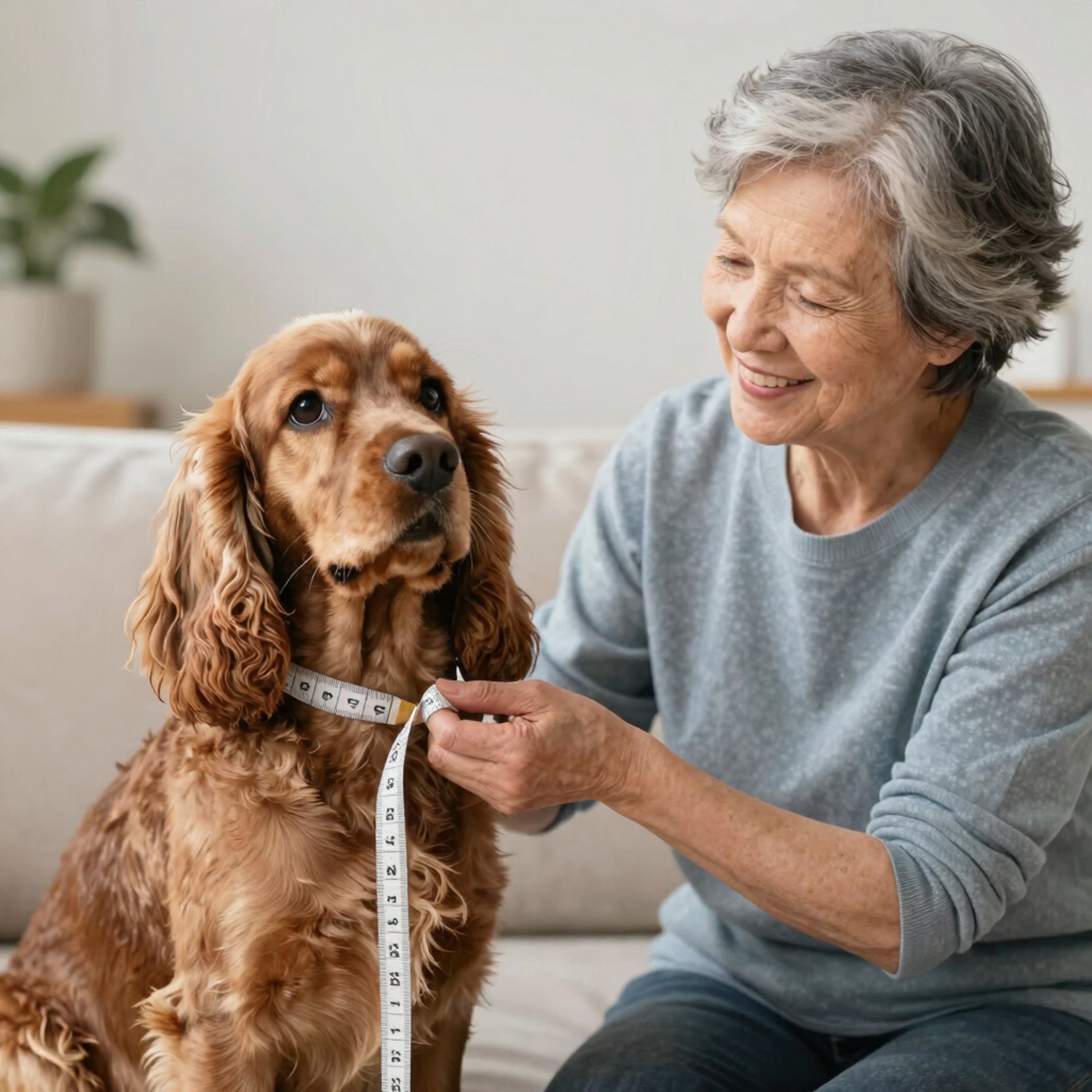 Abuelito tomándole medidas con cinta métrica a un cocker spaniel marrón