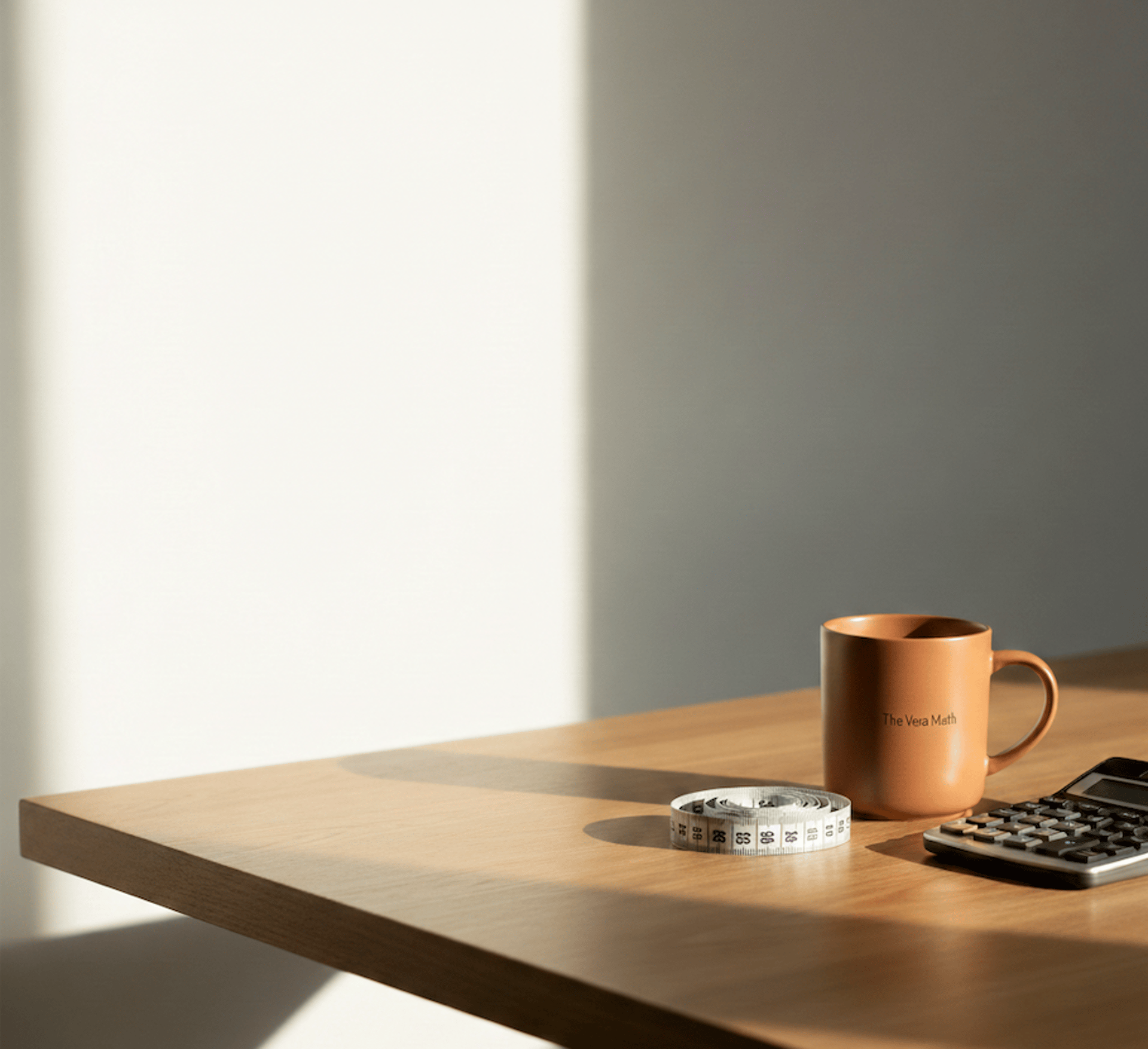 A clean wooden desk with a ceramic terracotta-colored coffee mug, a simple silver measuring tape, and a modern calculator